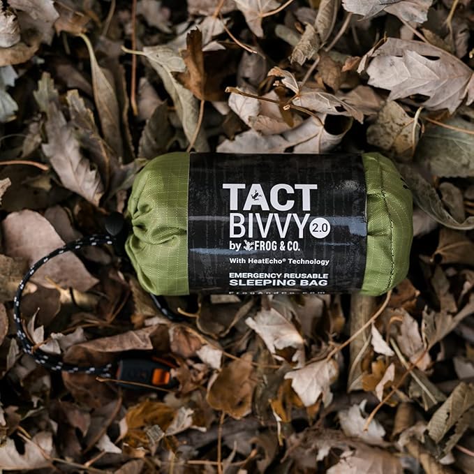 Survival Frog Tact Bivvy 2.0 Emergency Sleeping Bag with Stuff Sack, Carabiner & Survival Whistle – Compact, Lightweight, Waterproof, Reusable Thermal Bivy Sack Shelter Kit