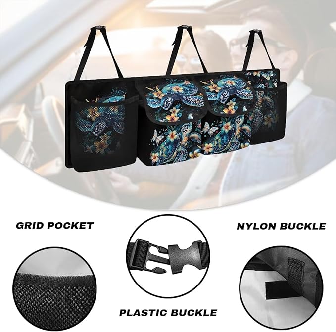 Waterproof Car Trunk Organizer Plumeria Turtles with 4 Compartments Auto Hanging Seat Back Storage Large Capacity Multipurpose Cargo Accessory