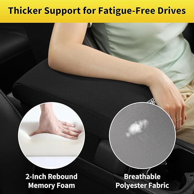 Soft Memory Foam Car Armrest Cushion Pad - Thick 12.6x7.5x2 inch, Washable Polyester Fabric Arm Rest Cover Pad, Thick Center Console Cover Cushion for Cars, Sedans, SUVs, most Vehicles (Black-1PC)