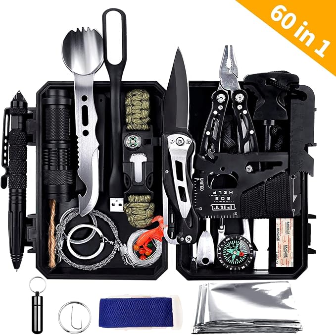 ANTARCTICA Emergency Survival Gear Kits 60 in 1, Outdoor Survival Tool with Emergency Bracelet Whistle Flashlight Pliers Pen Wire Saw for Camping, Hiking, Climbing,Car