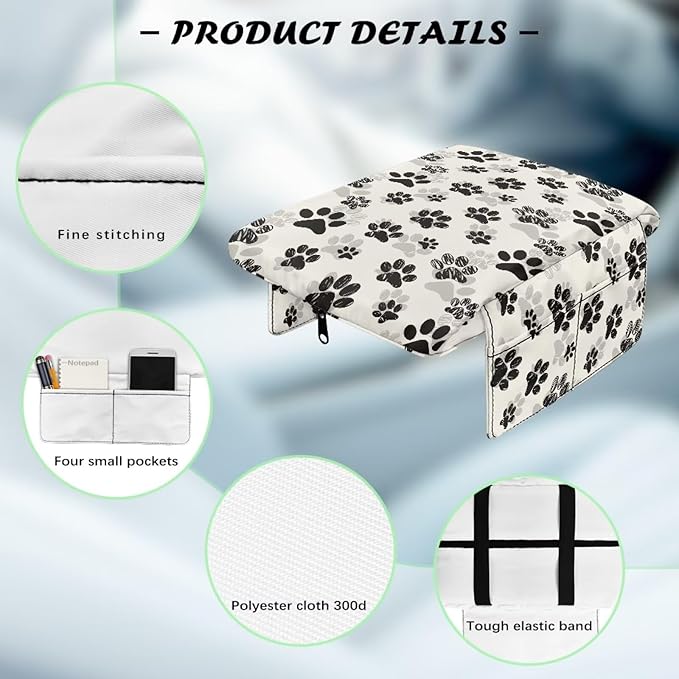 Dreaweet Cute Center Console Cover Black Dog Paw Print Car Arm Rest Cover Pad with Pockets Soft Comfy Thick Armrest Cover Universal Fit Auto Accessories Interior for Women