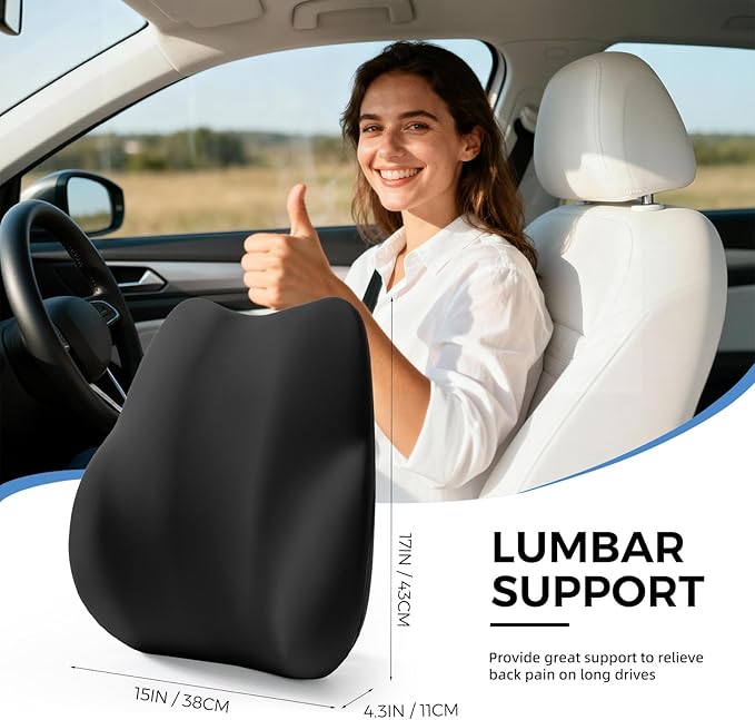 BEBAS Lumbar Support Pillow for Car, Memory Foam Back Cushion for Driving, Ergonomic Lumbar Pillow for Pain Relief, Comfort Lower Back Support for Office Chairs, Car Seat, Wheelchair -Black