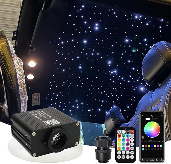 AMKI Updated 16W RGBW Fiber Optic Light Twinkle+Sound Activated Mixed 460pcs 9.8ft Cables APP Remote Music Control Car Home Starlight Headliner Star Ceiling Light Kit 0.03in 0.04in 0.06in Strands