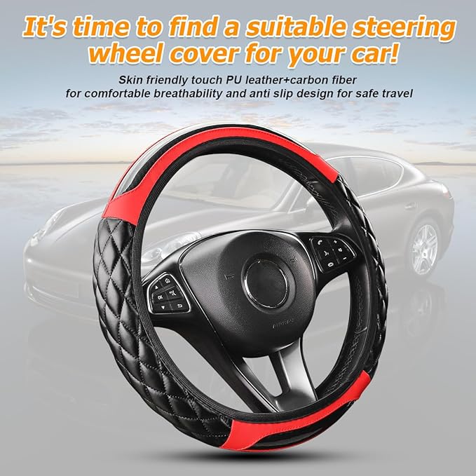 Carbon Fiber Car Steering Wheel Cover, Leather Breathable Non-Slip 14.5-15 Inch Vehicle Steering Wheel Protector, Auto Interior Protection Accessories, Universal for SUV Sedan Truck(Red)