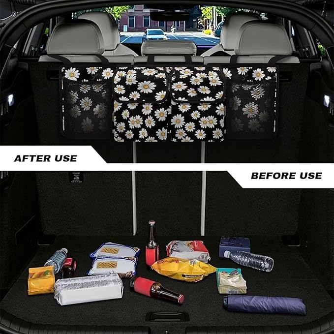 White Daisy Trunk Organizer for Car Auto Hanging Seat Back Storage with Adjustable Straps for SUVs, Vans, Cars Cargo Bag,Car Accessories