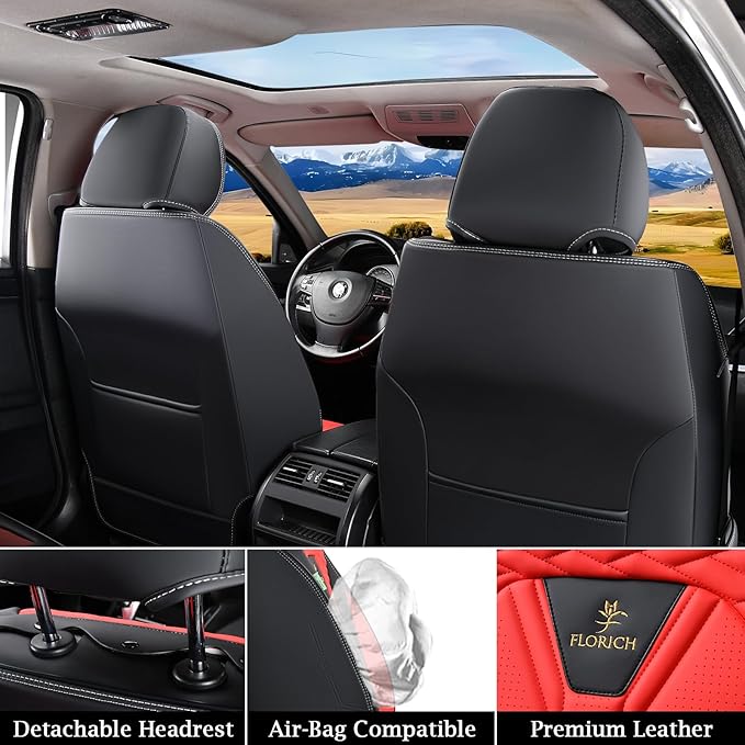 FLORICH Seat Covers for Cars, Waterproof Seat Covers, Leather Car Seat Covers 2 Pack, Universal Seat Cushion Protector for Most Cars Trucks SUV-Black&Red