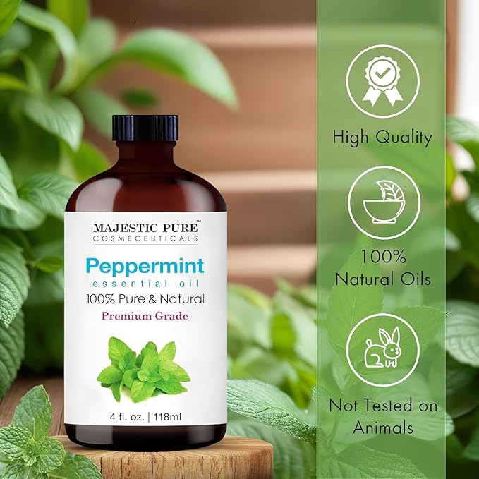 Majestic Pure Essential Oil with Glass Dropper - 100% Pure and Natural - Essential Oils for Diffuser, Aromatherapy, Soap and Candle Making, Peppermint Essential Oil, Peppermint Oil, 4 Fl Oz
