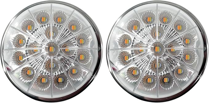 2PCS 17-LED Dual Revolution Watermelon Lights, Red Turn Signal & White Auxiliary with Clear Lens & Stainless Steel Bezel for Freightliner, Peterbilt, Heavy Trucks & Trailers