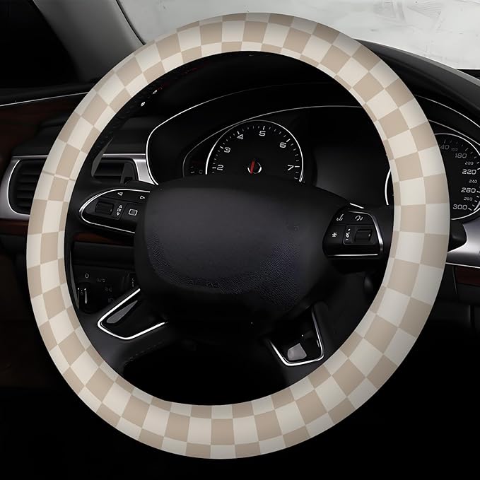 Car Steering Wheel Cover, Universal 15 Inch Neoprene Non-Slip Steering Wheel Covers, Funny Car Accessories for Women Men Fit Auto, Suvs, Truck Cute Beige Checkerboard