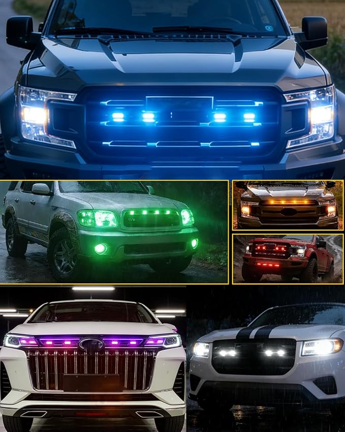 RGB Led Grille Lights APP Control 4 in 1 Colorful Underglow Rock LED Lights for Tacoma Truck Chevy Car Off-Road Raptor Jeep SUV ATV UTV DRL Decoration Signal LED Light