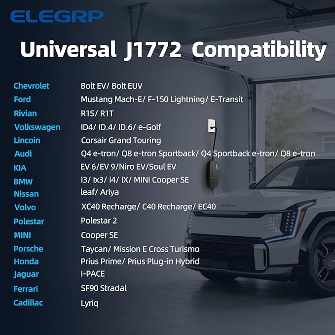ELEGRP Level 1/2 EV Charger, 16 Amp, Portable J1772 Electric Car Charger, 21FT Cable, NEMA 6-20 & 5-15 Adapter, 110V-240V for BEVs/PHEVs, PBE & LRC Technology