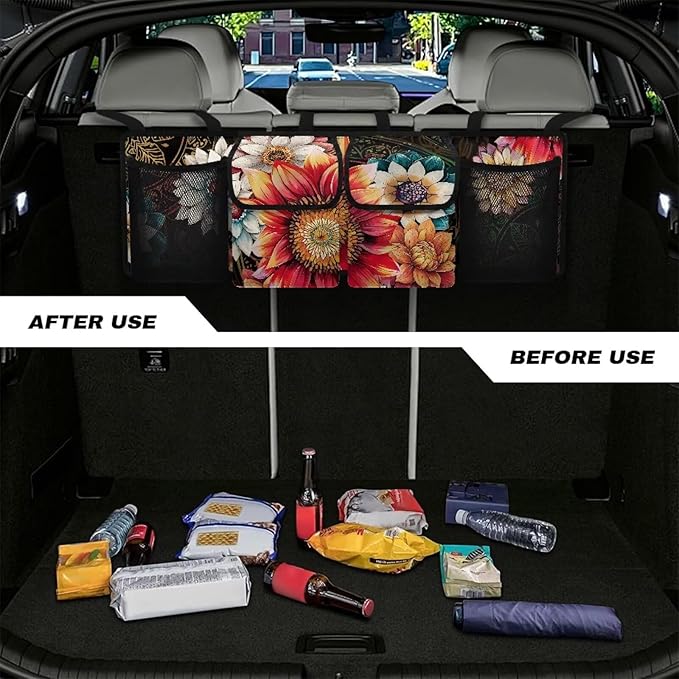 Mexican Dahlias Car Trunk Organizer Floral Flowers Car Back Seat Organizer with 4 Storage Bags,Car Accessories