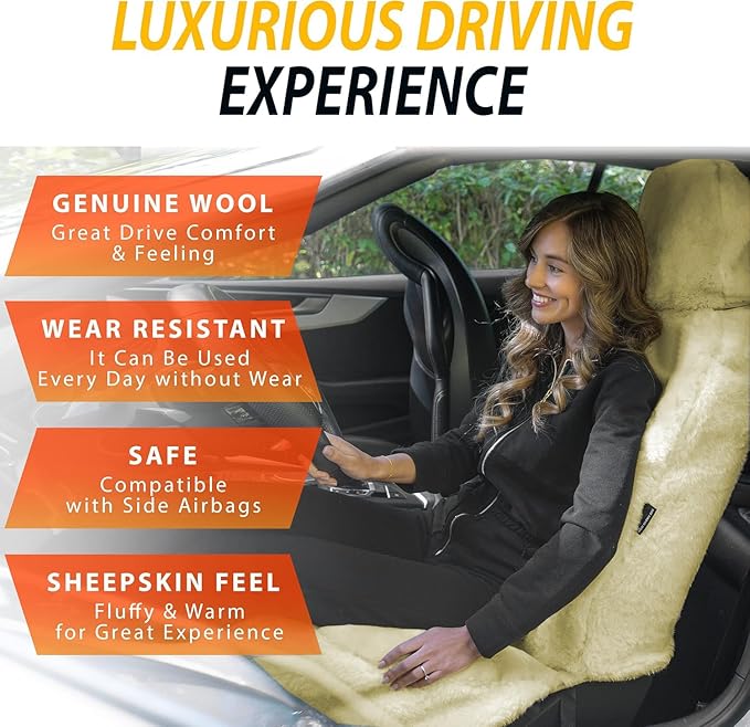 ZONETECH Sheepskin Seat Covers Fuzzy Car Seat Covers Tan Australian Merino Wool Fluffy Fur Auto Accessories All Season Protection for Your Seats Universal Fits Most Car SUV Airbag Compatible 4-Pack