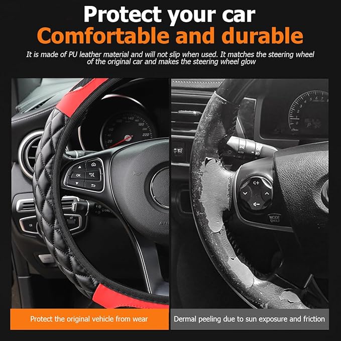 Carbon Fiber Car Steering Wheel Cover, Leather Breathable Non-Slip 14.5-15 Inch Vehicle Steering Wheel Protector, Auto Interior Protection Accessories, Universal for SUV Sedan Truck(Red)