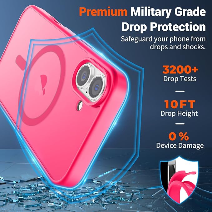 SUPFINE Magnetic for iPhone 16 Case (Compatible with MagSafe) (Military Grade Drop Protection) Slim Translucent Matte Shockproof with Anti-Fingerprint Phone Case,Hot Pink