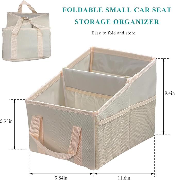 Car Seat Organizer, Collapsible Passenger Seat Organizer with Detachable Divider & Handle, Multiple-Pocket Car Storage Organization for Console Floor Front or Back Seats (Beige)