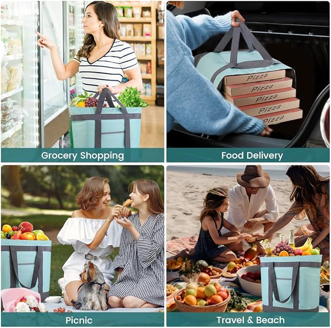 mosago Insulated Grocery Tote Bags, Large Reusable Cooler Bags with Zipper, Leakproof Thermal Shopping Bags for Food Delivery, Beach, Travel, for Picnic, Collapsible, Green