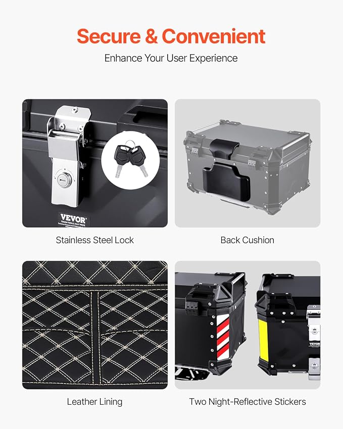VEVOR Motorcycle Top Case 65L, Universal Aluminum Alloy Motorbike Tail Box with Leather Lining, Waterproof Detachable Motorcycle Top Box with Lock & Back Cushion, Fit for 99% of Motorcycle Frames