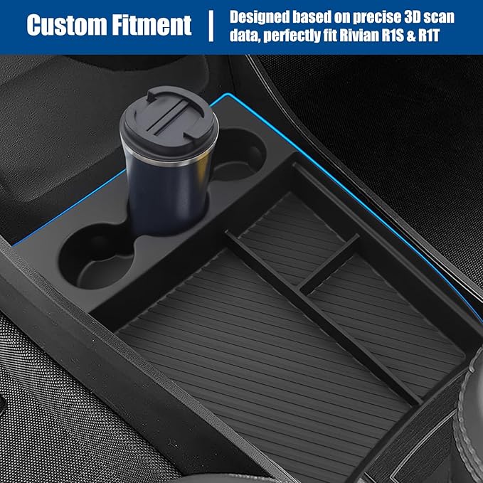 Lower Center Console Organizer for 2022-2026 Rivian R1T & R1S Accessories, Floor Console Storage Tray Insert with Cup Holder