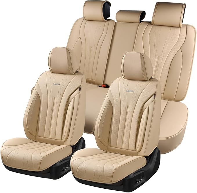 Coverado Car Seat Covers Full Set, Breathable Nappa Leather Seat Covers for Cars, Universal Seat Covers, Front and Back Waterproof Car Seat Protector, Automotive Seat Cushion Fit Most Cars(Beige)