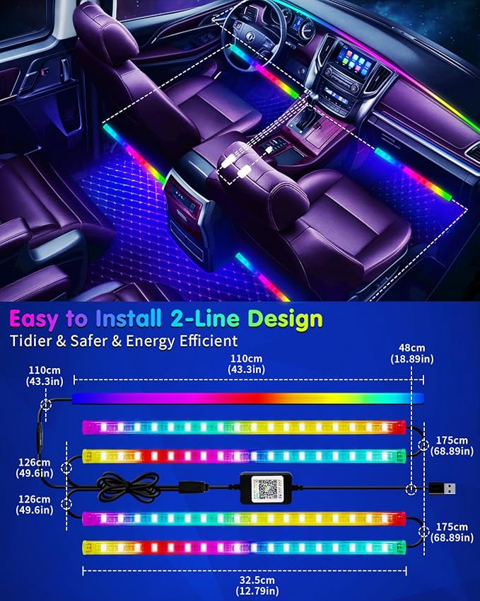 DUOFU365 Car Led Light Interior, RGB Dreamcolor Inside Car Light Music Sync, Under Dash Footwell automotive Strip Light, 12V Acrylic Strip Light for Vehicle, Truck,Jeep, SUV with Car Charger(1set)