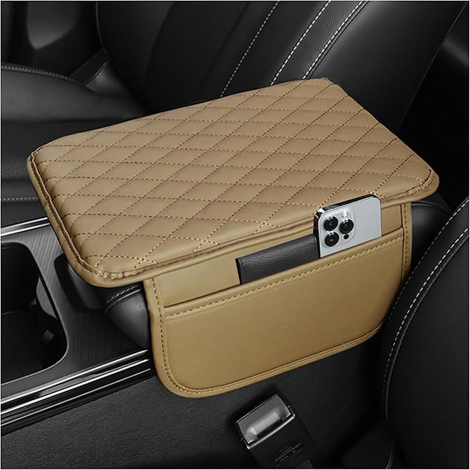 Upgraded Car Center Console Cover,Microfiber Leather Car Armrest Cover Cushion with 2 Storage Bags,Universal Cars Armrest Storage Box Cars Interior Accessories for Most Vehicles (Beige)