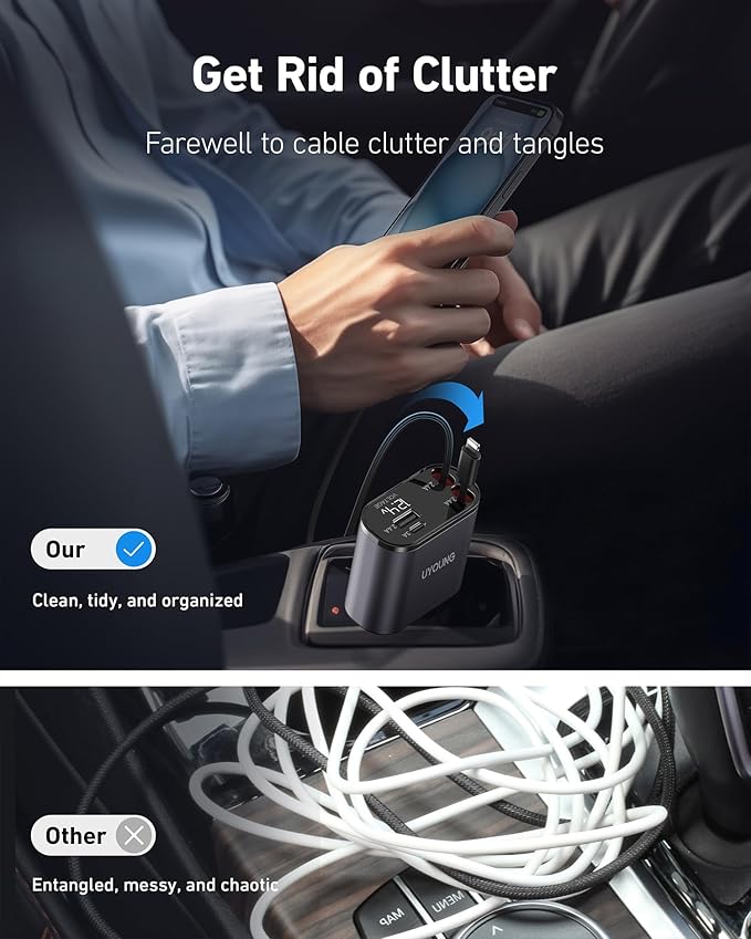 iPhone Car Charger 4 in 1 Fast USB Car Phone Charger 20W Double Lightning Retractable Cables 31.5 Inch and 2 USB Ports Car Charger Adapter for iPhone 17/16/15/14/13/12 Pro Max/XR/XS,Samsung,Pixel,iPad