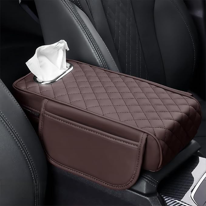 Center Console Cover Arm Rest Cushion Leather Car Armrest Box Pad with Pocket and Tissue Box Auto Armrest Cover for Sedan Vehicle (Coffee)