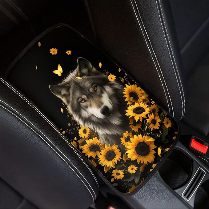 Wolf Sunflower Print Car Center Console Armrest Cover Scratch Proof Neoprene Armrest Cover Pad for Truck Sedan SUV, Universal Car Interior Decor Accessories