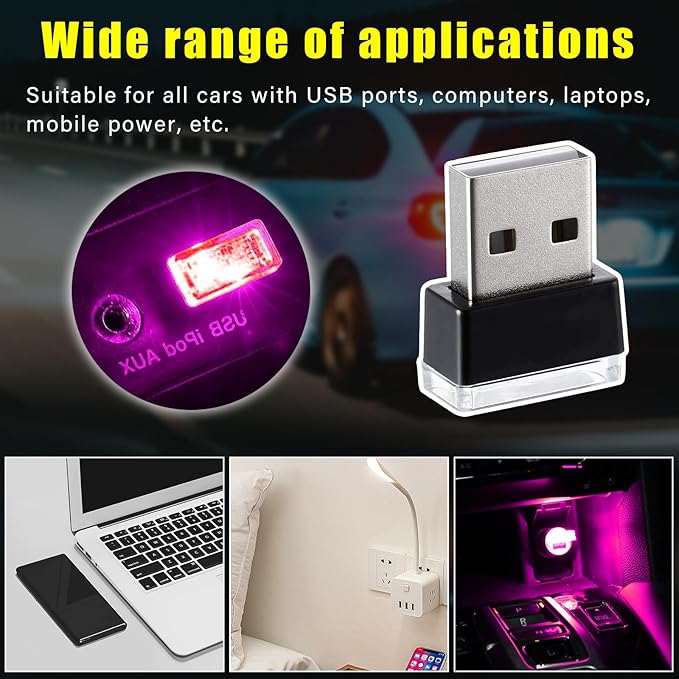 Augeny 4 PCS USB LED Car Interior Atmosphere Lamp, Plug-in USB Decor Night Light, Portable Auto Ambient Lighting Kit, Universal Vehicle Interior Accessories for Most Cars (Purple)
