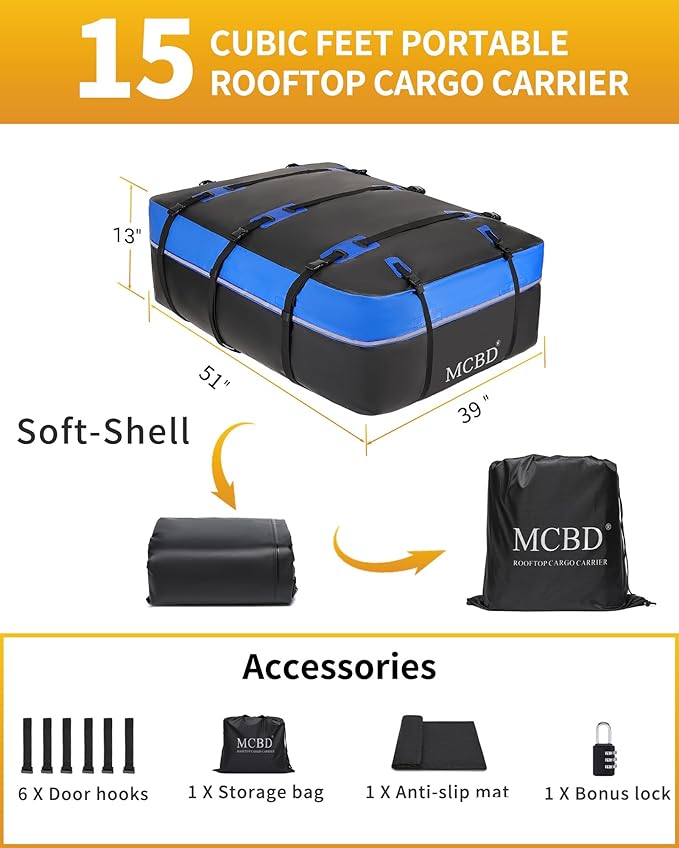 MCBD Rooftop Cargo Carrier Bag, 15 Cubic Feet Waterproof Soft-Shell Car Roof Bag for All Vehicles SUV with/Without Rack, Car Top Luggage Storage Bag