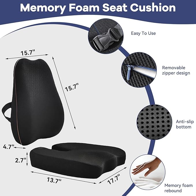 Car Seat Cushion,Lumbar Support Pillow for Office Chair – 3D Breathable Mesh Memory Foam Pad,Non-Slip Truck Seat Cushion with Adjustable Strap, Lower Back Support for Car, Office, Gaming Chair, Black