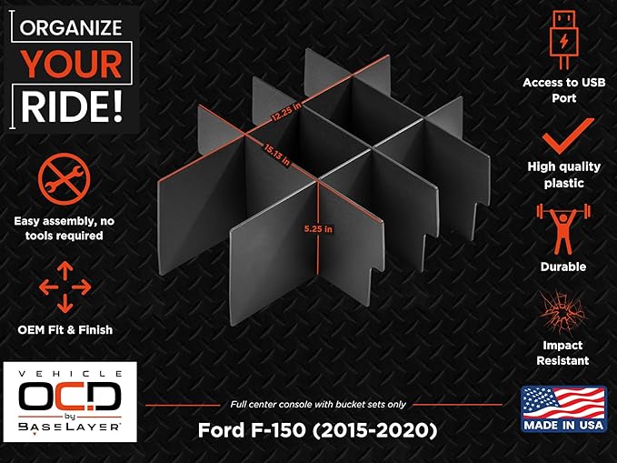 Vehicle OCD - Center Console Organizer for Ford F150 (2015-2020) (Full Console w/Bucket Seats ONLY) - Made in USA - SLX107