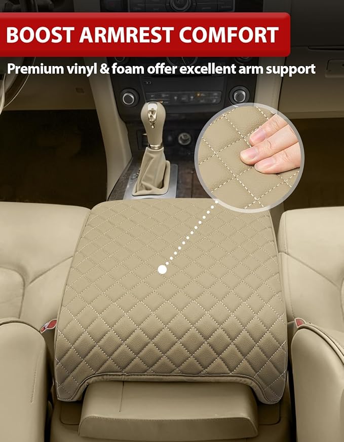 KBH Center Console Armrest Cover for Infiniti QX56, QX80 2011-2017, Interior Accessories, Middle Console Lid Cushion, Arm Rest Cover Protector, Vinyl Leather, Beige