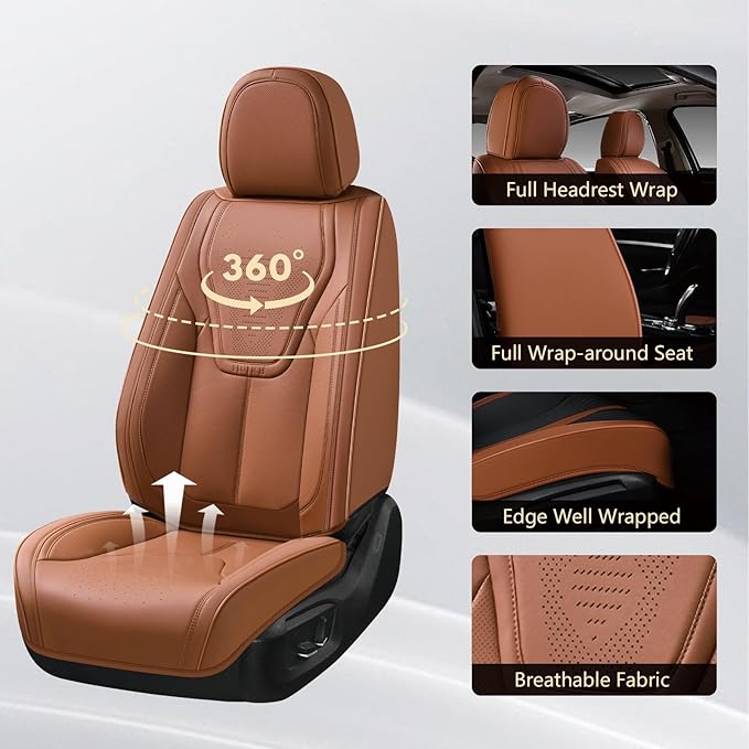 FLORICH Car Seat Covers, Brown Leather Seat Covers for Cars, Faux Nappa Leather Automotive Seat Protectors, Car Seat Cushions Universal Fit for Most Sedans SUVs Trucks - Brown