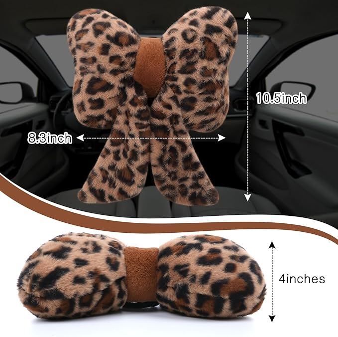 Macarrie 2 Pcs Car Neck Pillow Plush Butterfly Bow Car Headrest Pillow Comfortable Seat Neck Support Cute Head Rest Accessories for Driving Travel Driver Chair Girl Style Interior Decor(Leopard)