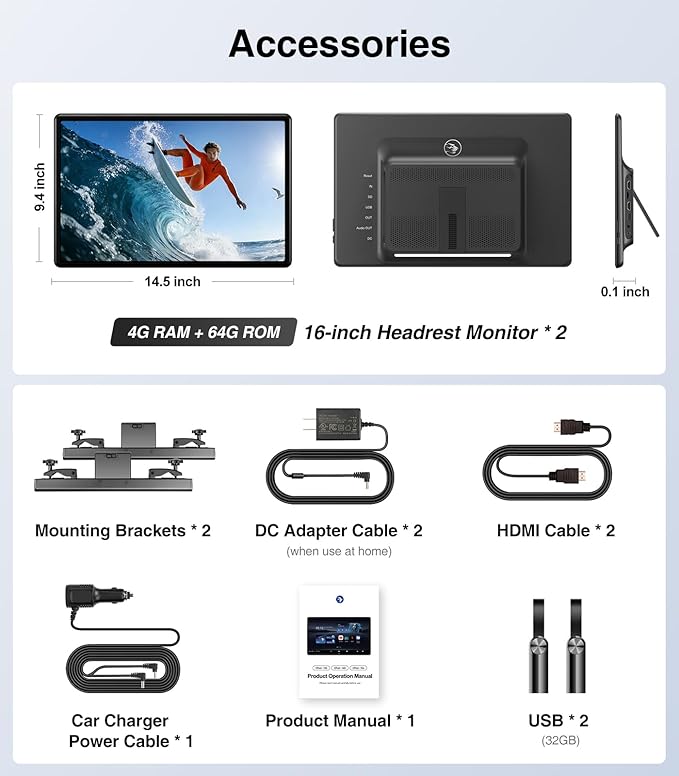 16 inch Android 13 Car Headrest Monitor Screen Car TV Entertainment System for Cars Backseat,Support Phone Wireless Mirroring Sync Screen WiFi HDMI Bluetooth USB SD Video Player (4G+64G (2*pcs))