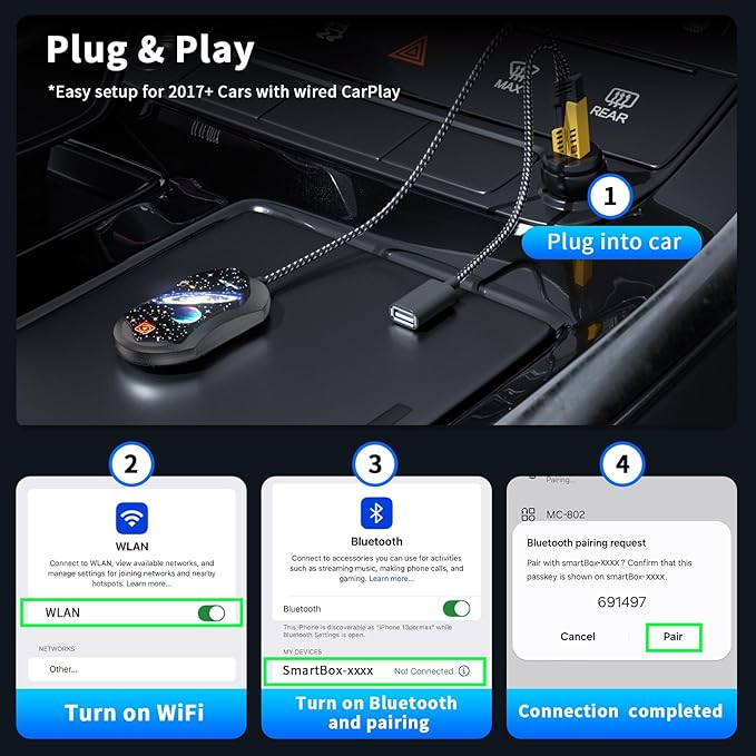 Wireless Android Auto & CarPlay Adapter, Plug and Play, No Lag, USB Type-A & C Support with Charging Port, Mini 3 in 1 Wireless Adapter Compatible with Cars with Wired CarPlay/Android Auto
