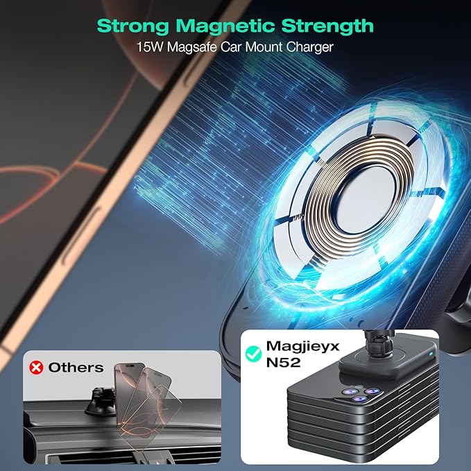 MAGJIEYX for MagSafe Car Mount Charger, (15W Fast Charging) Magnetic Wireless Charging Phone Holder Fits iPhone 16/15/14/13/12 Pro Max Plus/MagSafe Case on Dash/Windshield/Air Vent/Desk Bumpy Roads