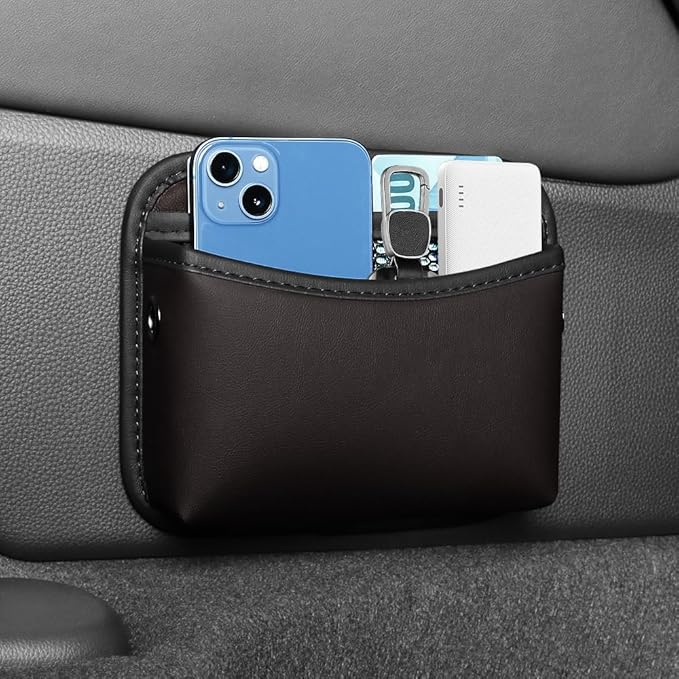 Car Seat Side Pocket Organizer - PU Leather Auto Door Console Mini Storage Bag for Keys, Phone, Sunglasses, Registration, and Documents (Dark Brown)