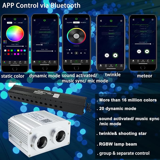 AZIMOM Dual Port 16W Twinkle Bluetooth Fiber Optic Starlight Kits 900pcs0.03in9.8ft Fibers Strands Meteor Shooting Star Sound Activated RGBW APP/Remote for Car Home Ceiling Headliner Decor