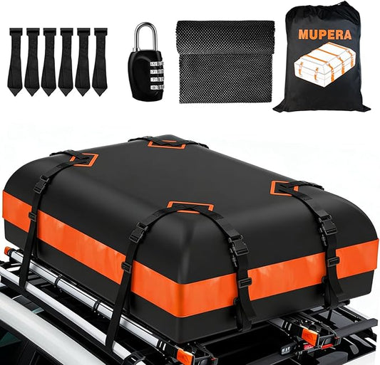 Mupera 15 Cubic Ft Waterproof Car Roof Cargo Carrier for All Vehicles with/Without Roof Rack, Rooftop Cargo Carrier with Strip Includes Anti-Slip Mat, 6 Door Hooks & Combination Lock
