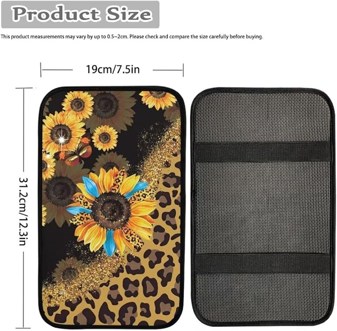 Coldinair Sunflower Leopard Print Car Armrest Cover,Auto Center Console Pad,Soft Seat Box Cover Protector Cushion,Car Accessories Decor for Most Cars,Sedan,Truck,SUV