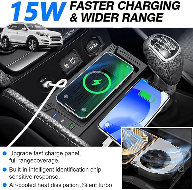 Wireless Car Charger for Hyundai Tucson 2015 2016 2017 2018, Wireless Fast Phone Charging Pad with 18W QC3.0 USB, Fit for Hyundai Tucson SE/Eco/Sport/Limited Interior Accessories Upgrades