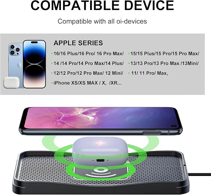 Wireless Car Charger, 15W Max Wireless Charger for Car, Non-Slip Charging Pad Compatible with iPhone 17/16/15/14/13/12, Samsung Galaxy S25-S9 (Type-C)
