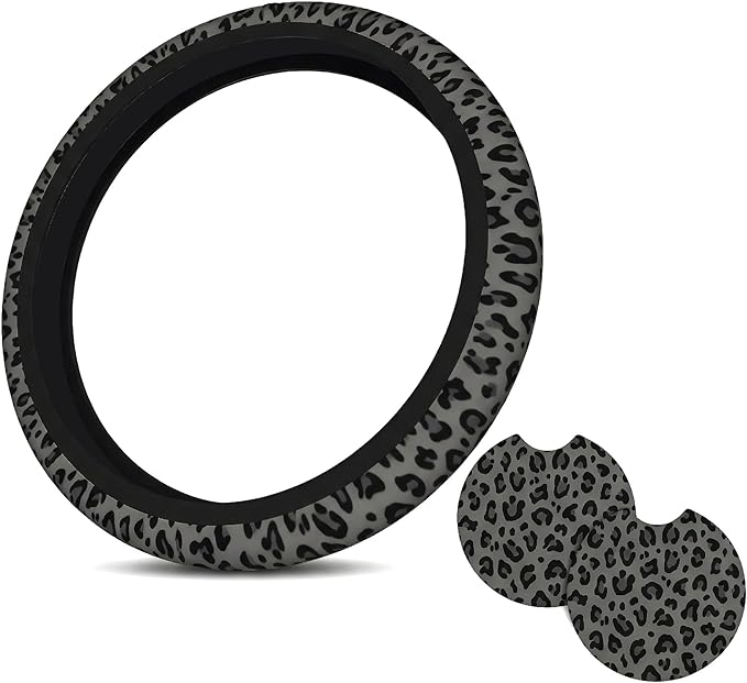 Black Leopard Print Steering Wheel Covern Cheetah Animal Print Steering Wheel Cover Anti-Slip Breathable Universal for Car Steering Wheel Cover for Men Women,with 2 Pieces Car Coasters
