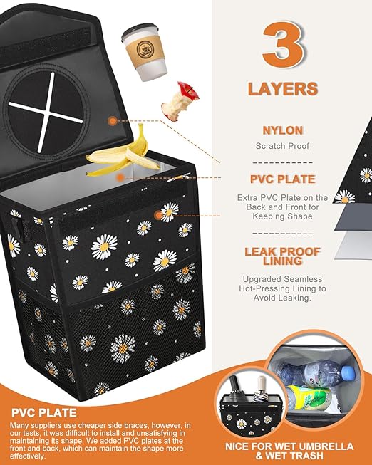 Pritent Car Trash Can with Lid, Cute Leakproof Car Trash Garbage Bag Hanging Vehicle Trash Bin Small Portable Automotive Garbage Cans Organizer for Back/Front Seat/Console(Trapezoid,Black Flower)