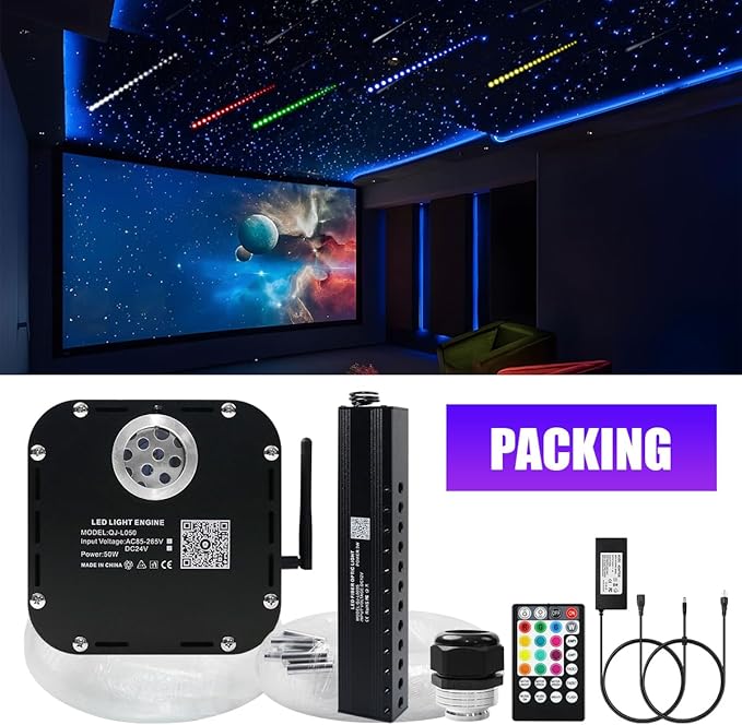 AZIMOM High Brightness 50W Twinkle Fiber Optic Starlight Kits1000pcs*0.03in*16.4ft Fiber Strands, RGB Meteor Shooting Star Sound Activated APP/Remote Control Theater Ceiling Home Shop Roof Decor