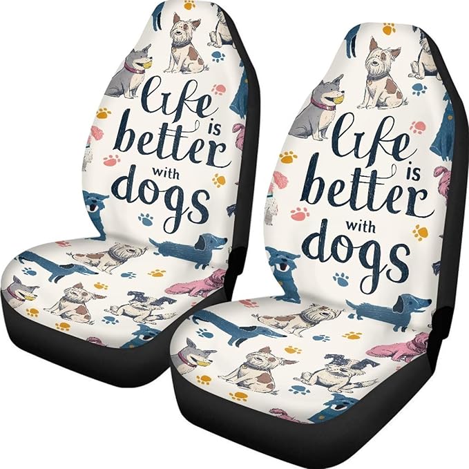 BIGCARJOB Cute Dogs Car Seat Covers Set for Front Only Car Interior Seat Rugs 2 Pcs Car Accessories Auto Front Seat Protector Set for Women