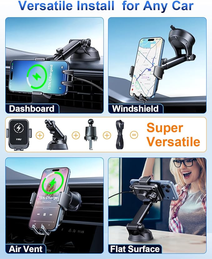 YRU [True Military-Grade] Wireless Car Charger Mount, 15W Charging Auto Clamping Car Phone Holder [98+LBS Strong] Dashboard Windshield Vent Cellphone Holder for iPhone 17 16 15 Pro Max Samsung, Black